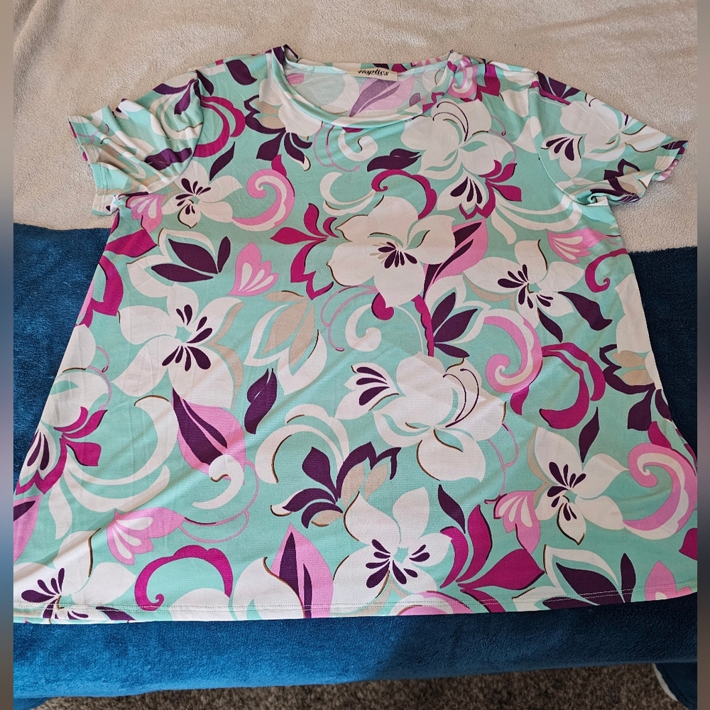 NWOT 1X Haptics Tropical Print Flowy Material Mint W/WhiteFlowers&PinkSwirls
